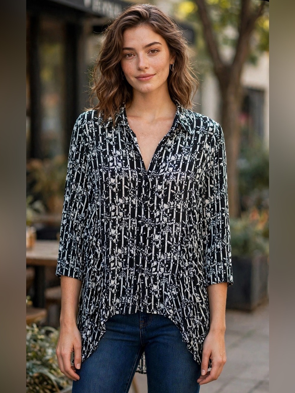 Cupio Draped Overlay Black & White Abstract Patterned 3/4 Sleeve Button Down Top